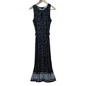 Michael Kors Nora Print Border Maxi Dress Sz XS Floral Wrap Tie Sleeveless
